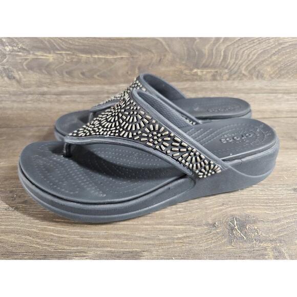 CROCS Women's Size 9 Black Embellished Monterey Diamante Wedge Flip Flop Sandals - Picture 4 of 9